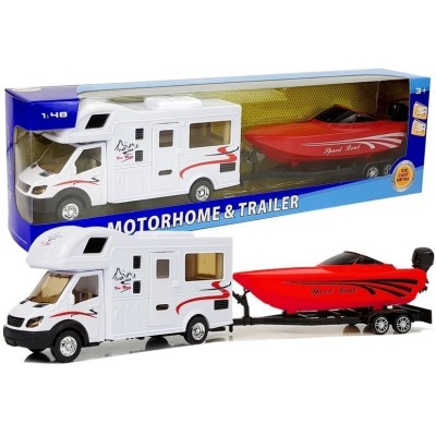 LEAN TOYS Кемпер с червена лодка, фрикция,метал,мащаб 1:48 2