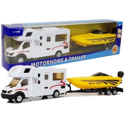 LEAN TOYS Кемпер с жълта лодка, фрикция,метал,мащаб 1:48