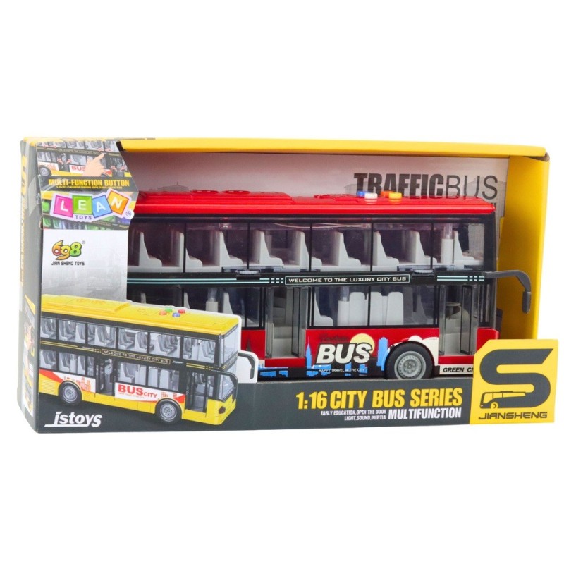 LEAN TOYS Двуетажен автобус с фрикция, звуци, светлини,червен, мащаб 1:16