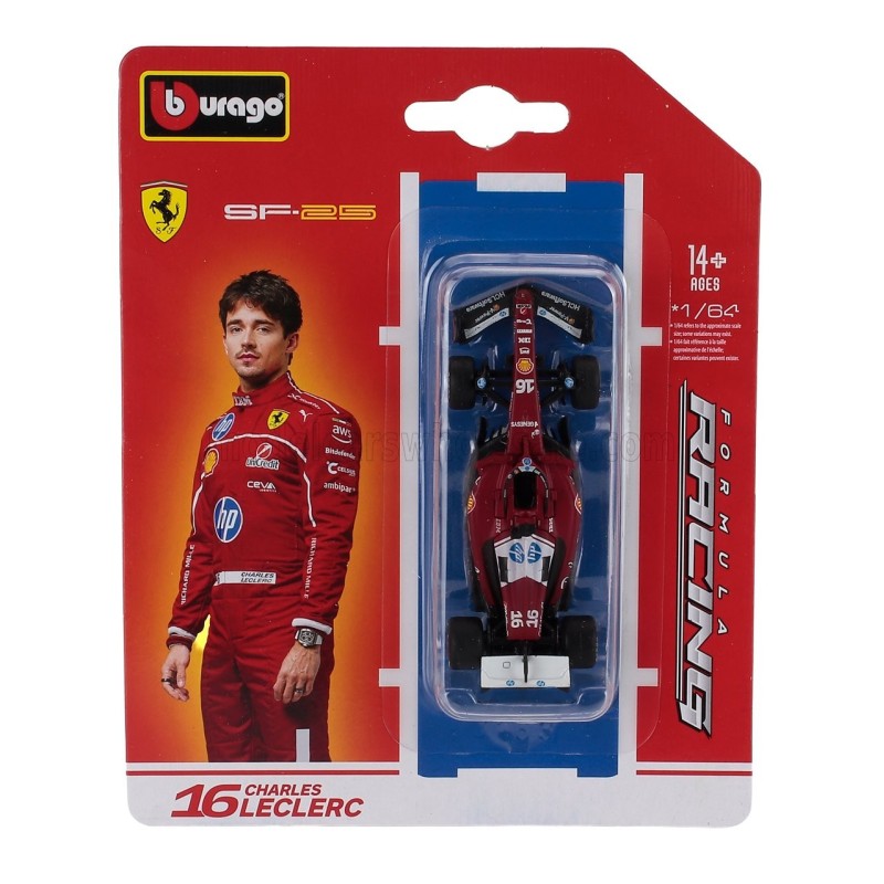 Метален автомобил BURAGO - 1/64 - F1 SF-25 TEAM SCUDERIA FERRARI HP N 16 SEASON 2025 CHARLES LECLERC